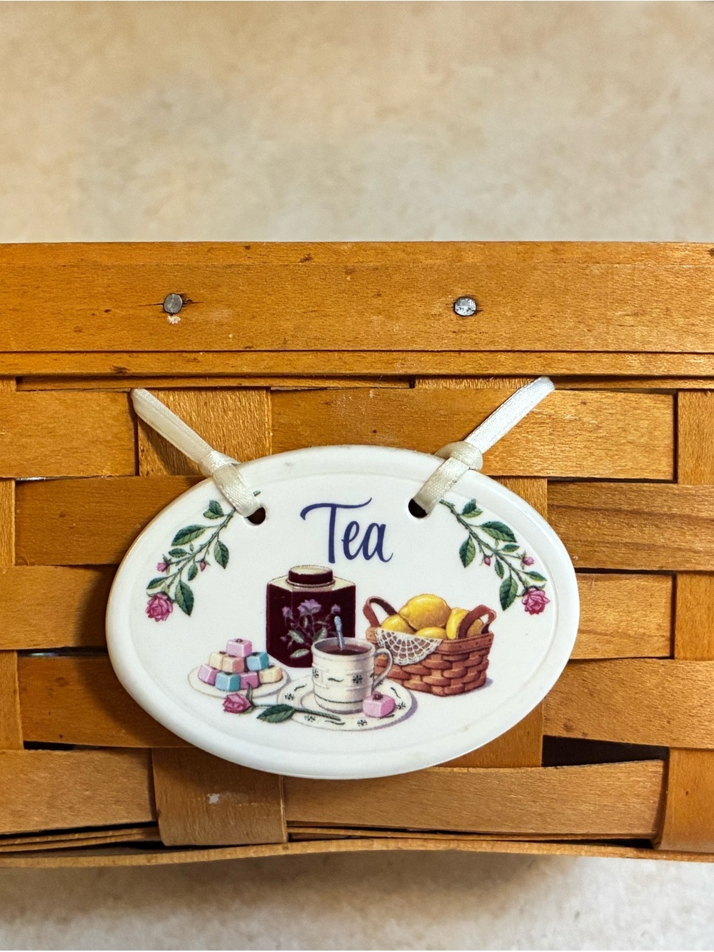 Longaberger White Ceramic Tea Plaque with Floral and Tea Motif